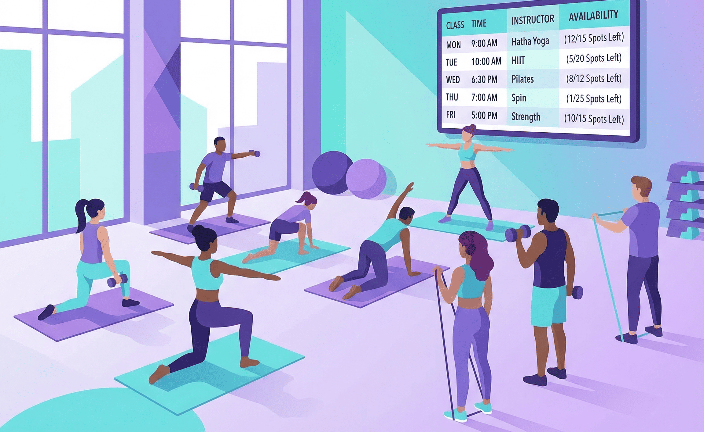 Clase de actividades dirigidas en gimnasio con sistema de reservas digital